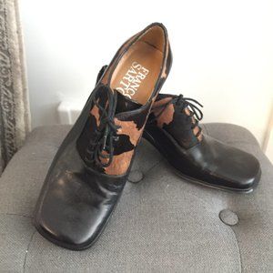 On Trend Franco Sarton Oxford Heels NWT Size 7 Black Leather w/Animal Accent